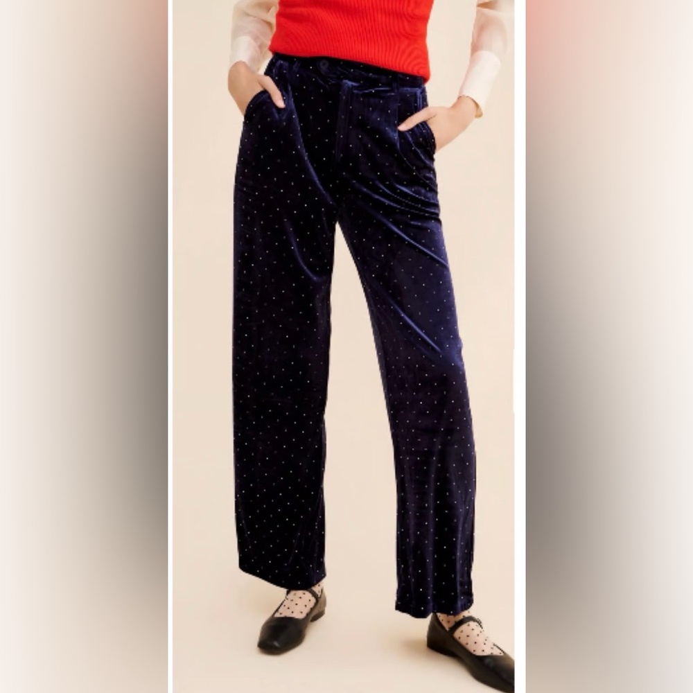 Never Fully Dressed High Rise Navy Velvet Pants with Rhinestone accents